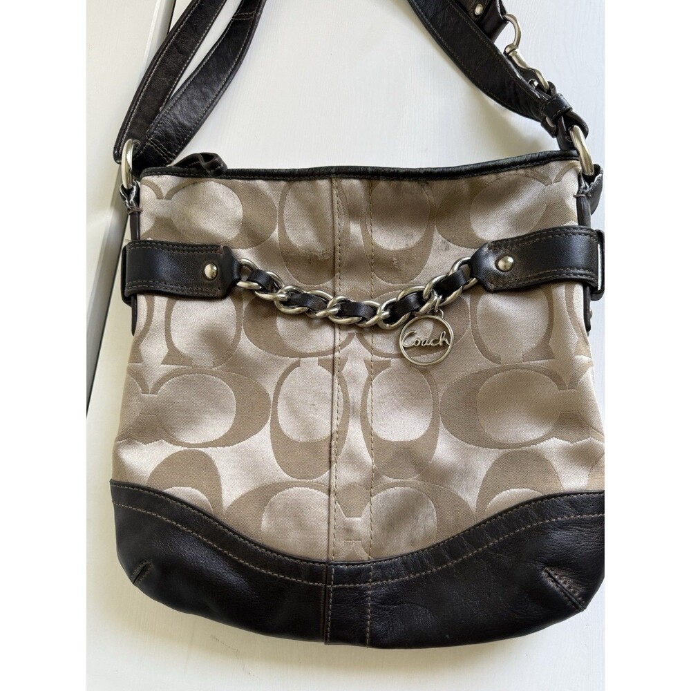 Coach Signature Canvas & Leather Shoulder Bag Brown Black Chain Detail